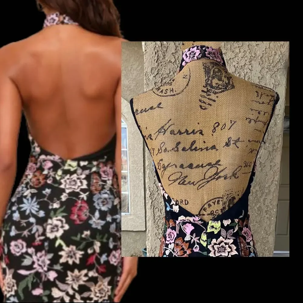 Lulus Black 3D Floral Embroidered Halter Infinite Praise Maxi Dress Size M - Picture 5 of 13